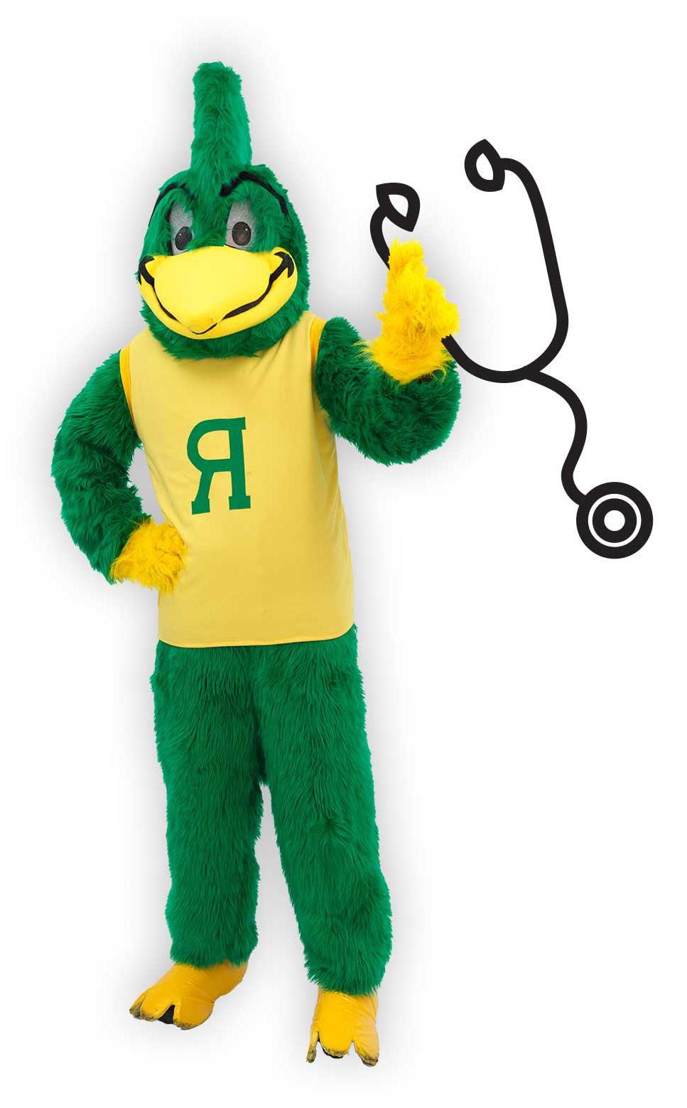 Roadrunner mascot holding stethescope